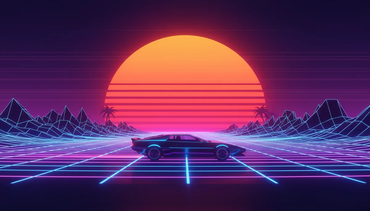 A widescreen synthwave car on a neon grid