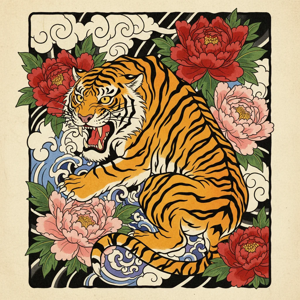 Tattoo-style tiger with peonies