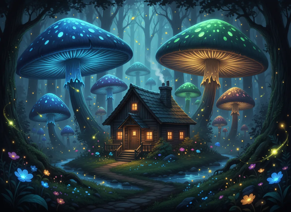 Glowing mushroom forest cabin