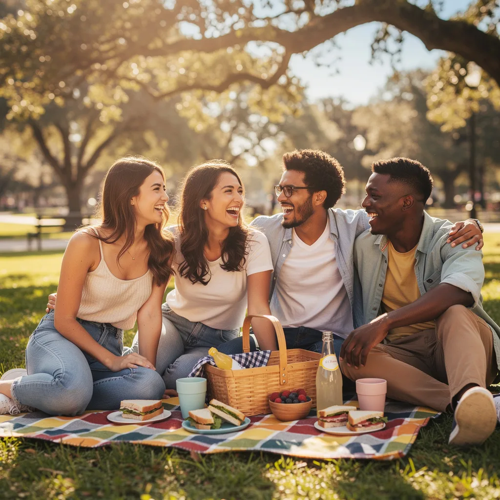 Lifestyle photo of friends laughing around a picnic blanket in a park
