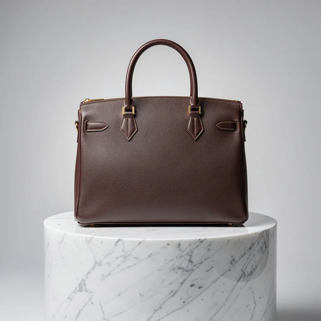 Professional product photo of a leather handbag on a marble pedestal