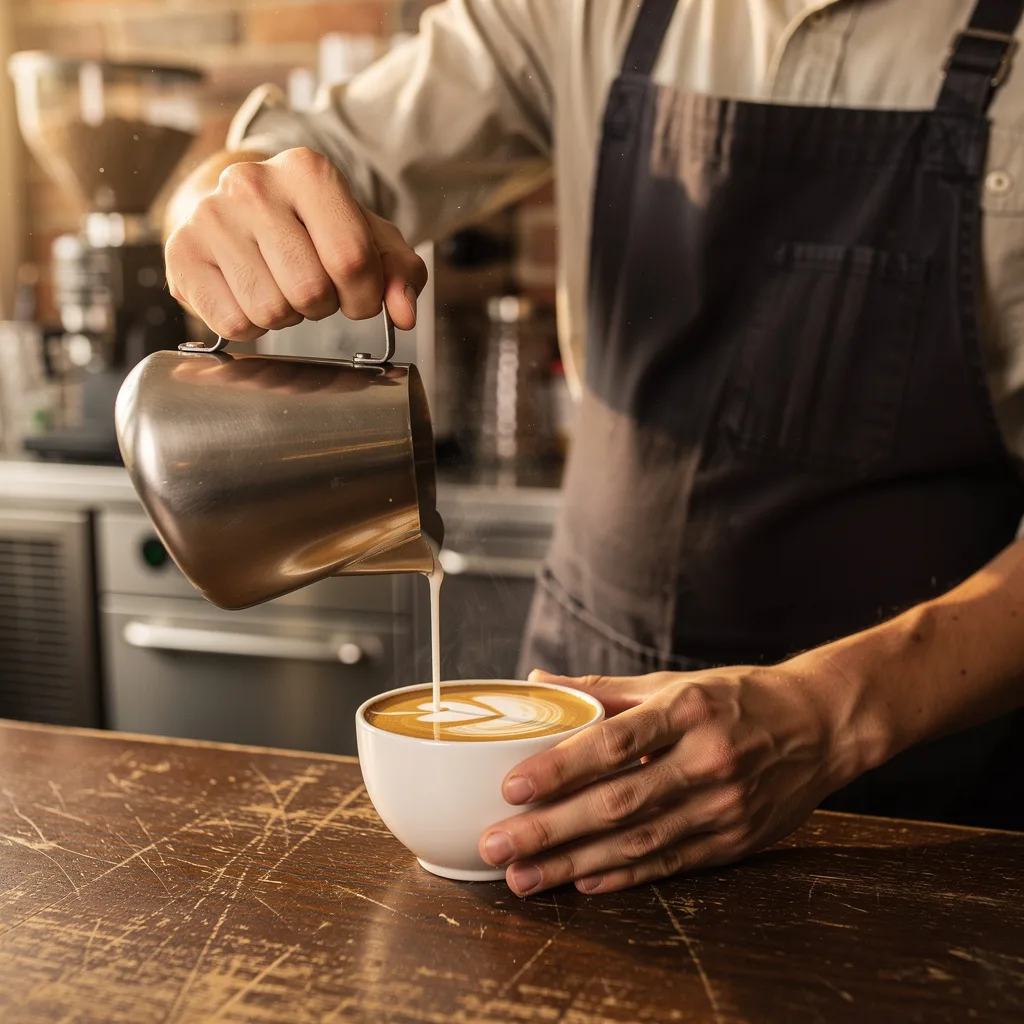 Realistic photo of a barista pouring latte art in a busy cafe