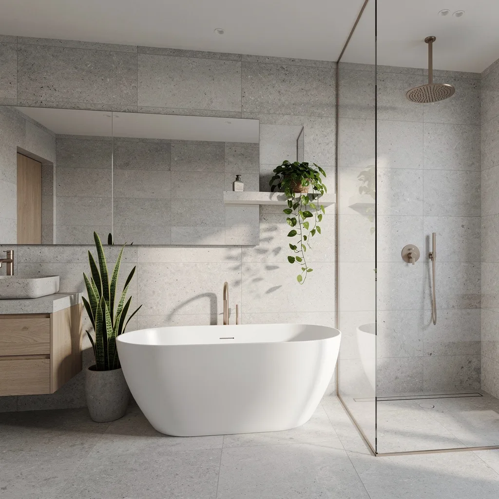 Photo of a modern minimalist bathroom with natural stone and plants