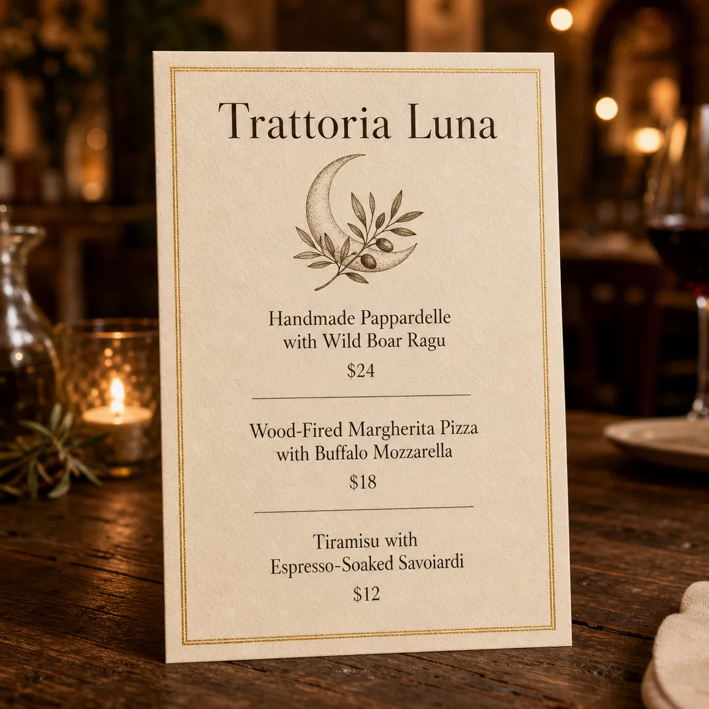 Restaurant menu card design with the heading 'Trattoria Luna' and three dishes with prices