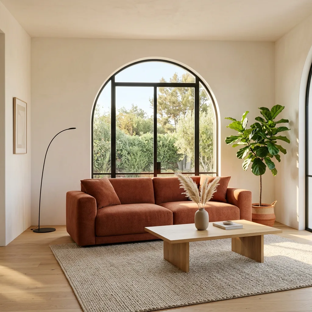 Modern living room with a terracotta sofa and arched window