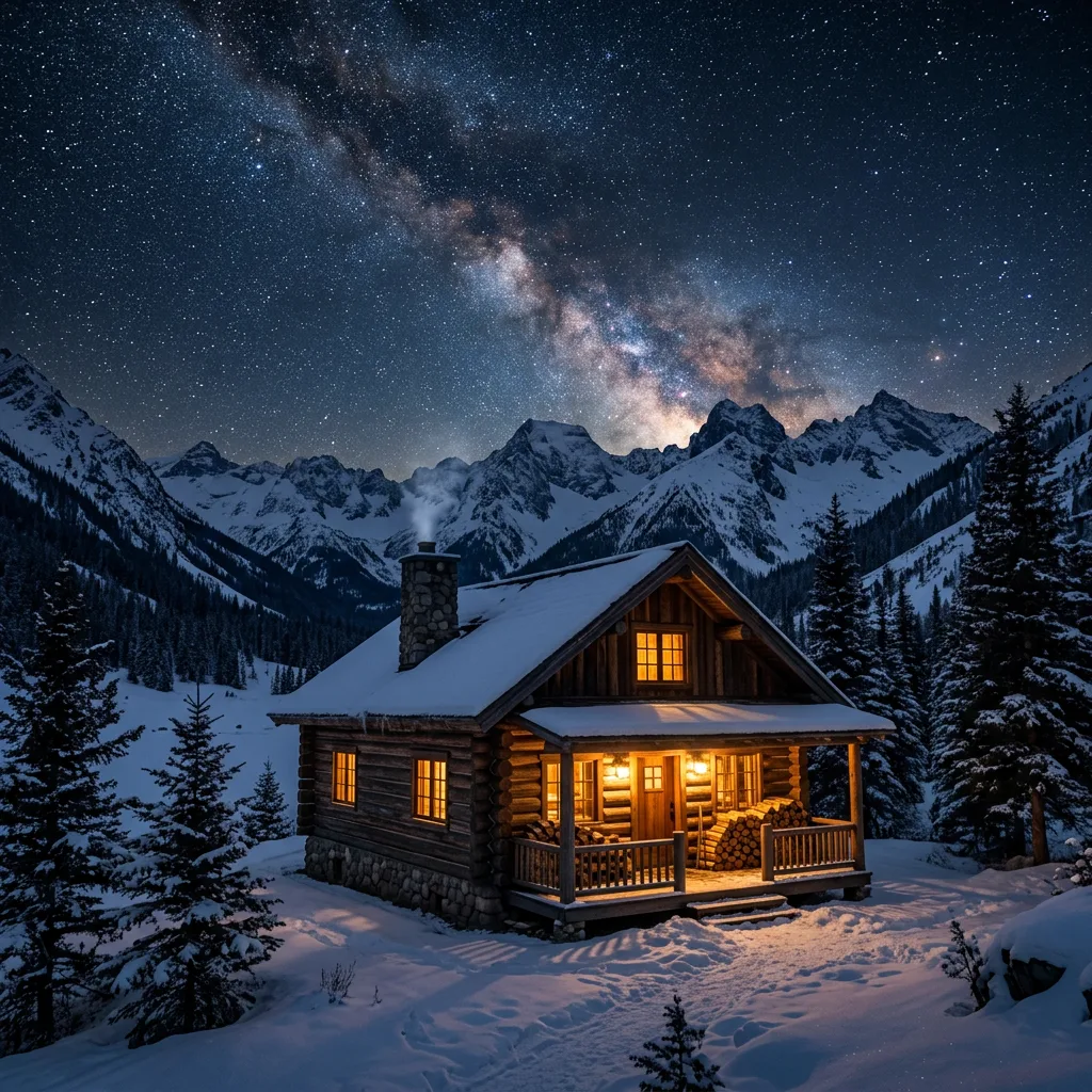 Mountain cabin under a starry sky with warm light in the windows