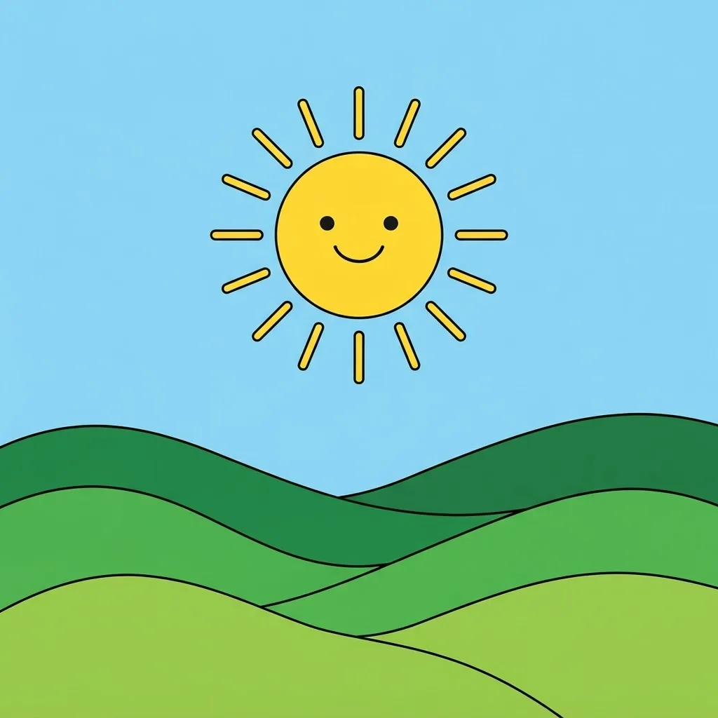 Simple flat illustration of a smiling sun over green hills