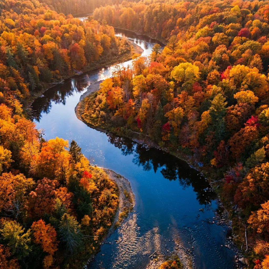 Detailed aerial view of a winding river through autumn forest