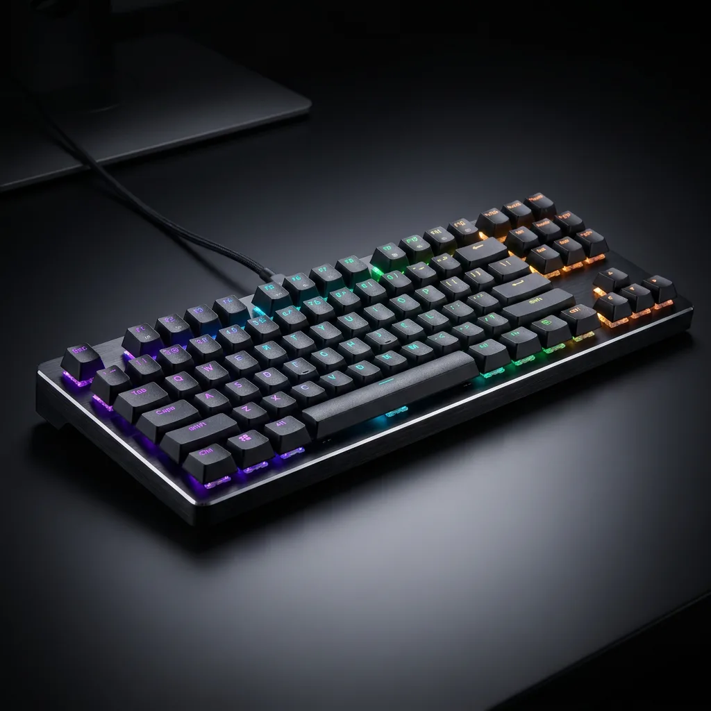 Precise product shot of a mechanical keyboard with RGB lighting