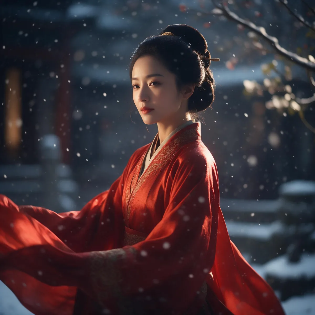 Cinematic portrait of a woman in a red hanfu under falling snow