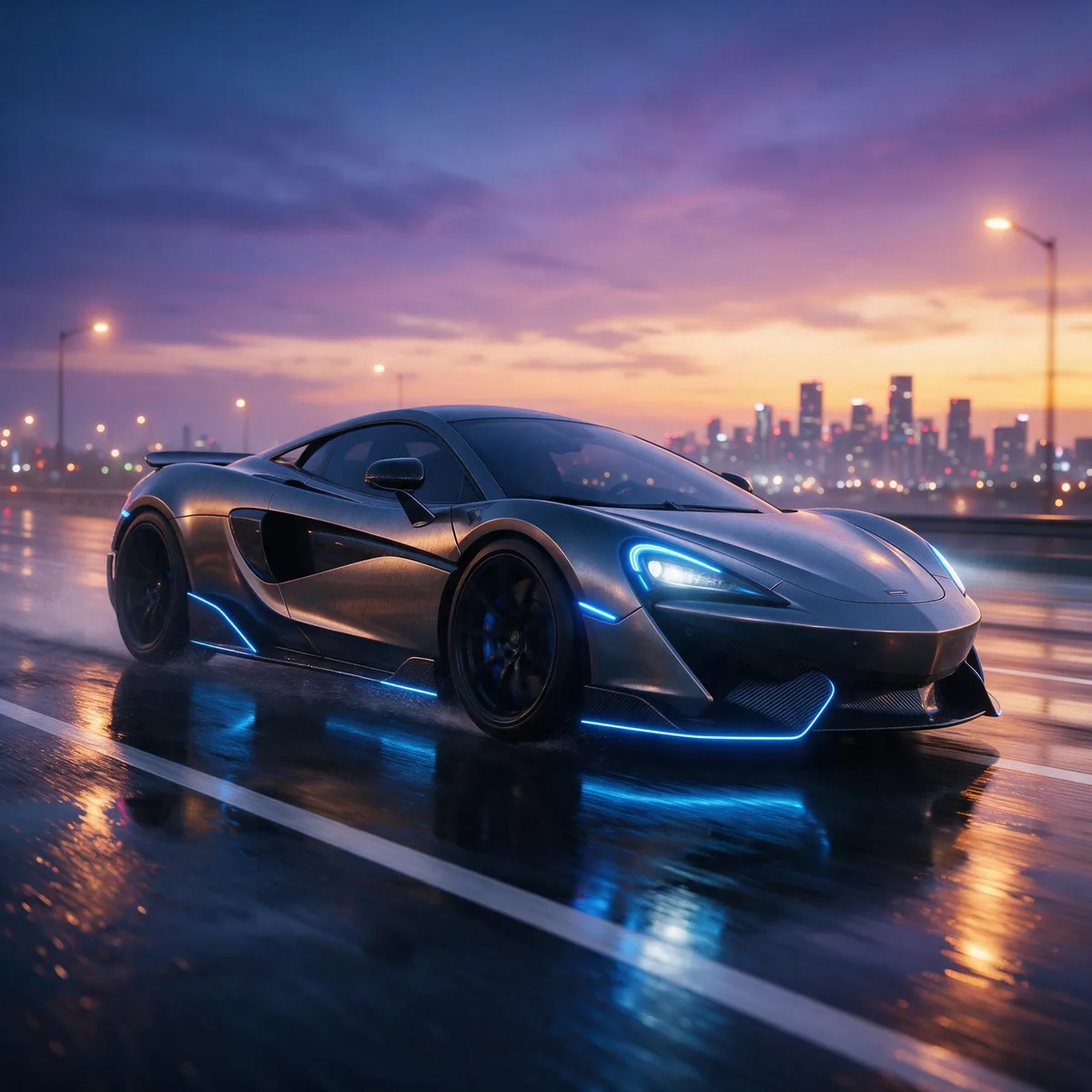 Futuristic sports car on a wet highway at dusk