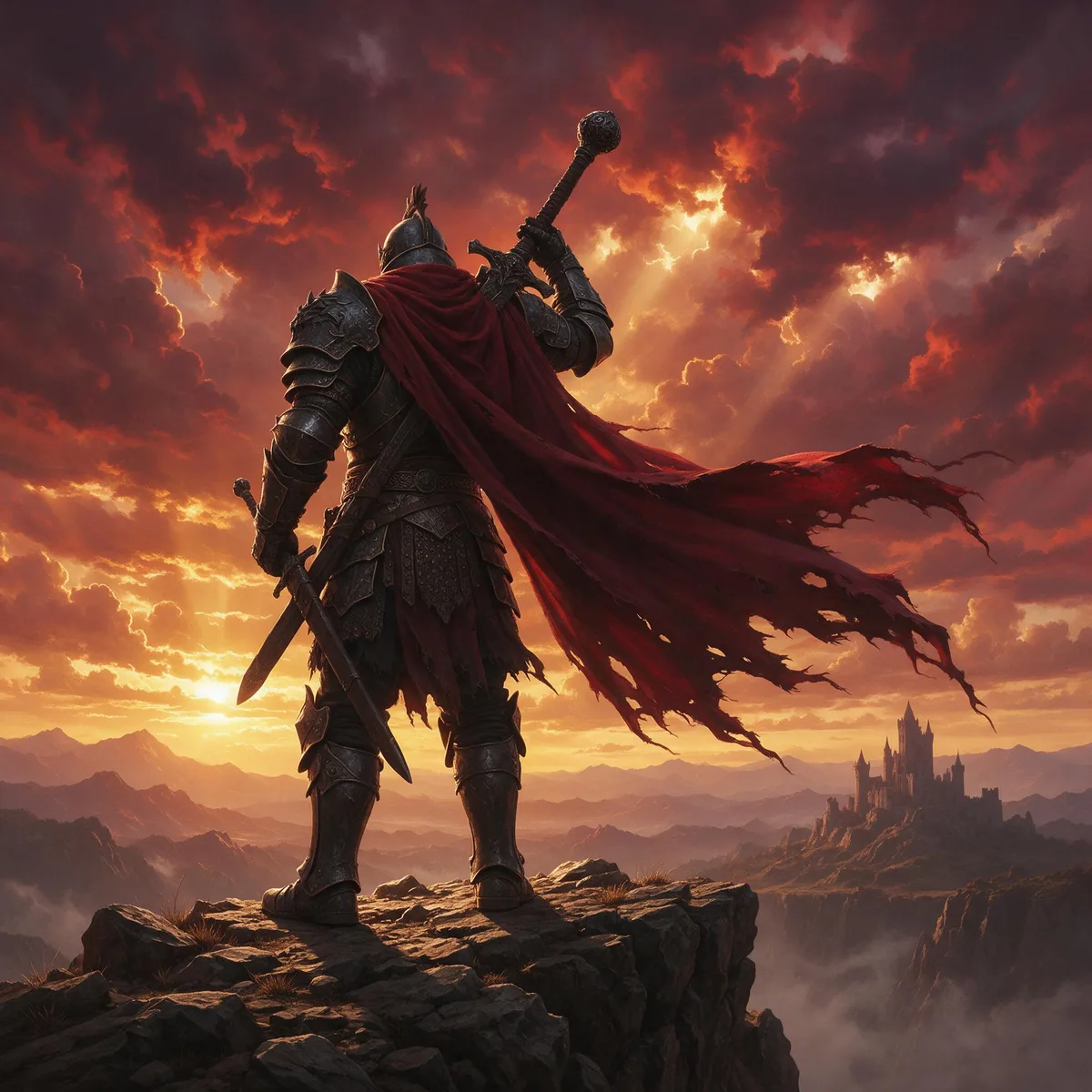 Epic fantasy warrior on a cliff overlooking a burning sunset sky