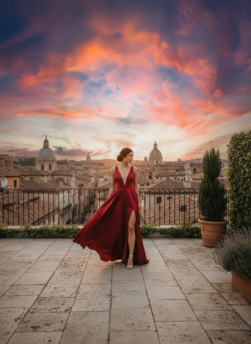 After: same woman on a rooftop at sunset