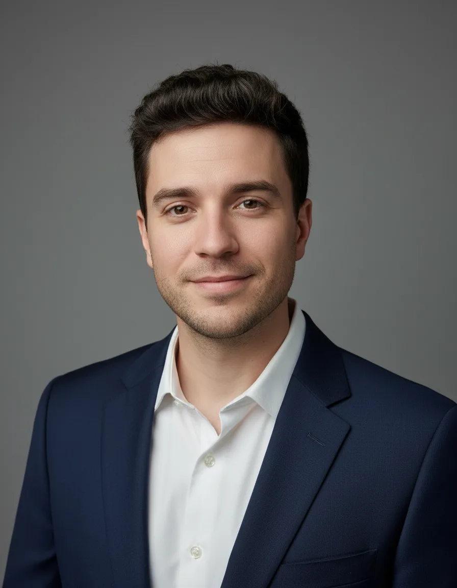 After: studio headshot in a navy suit