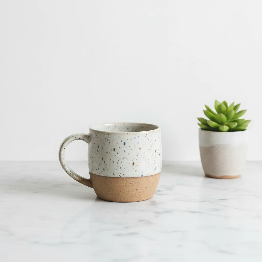 After: the same mug on marble with a plant