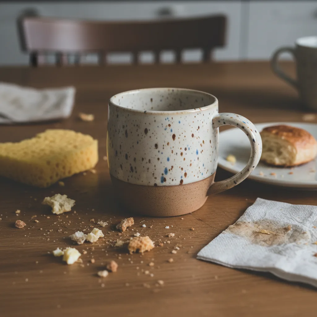 Before: a mug on a messy kitchen table